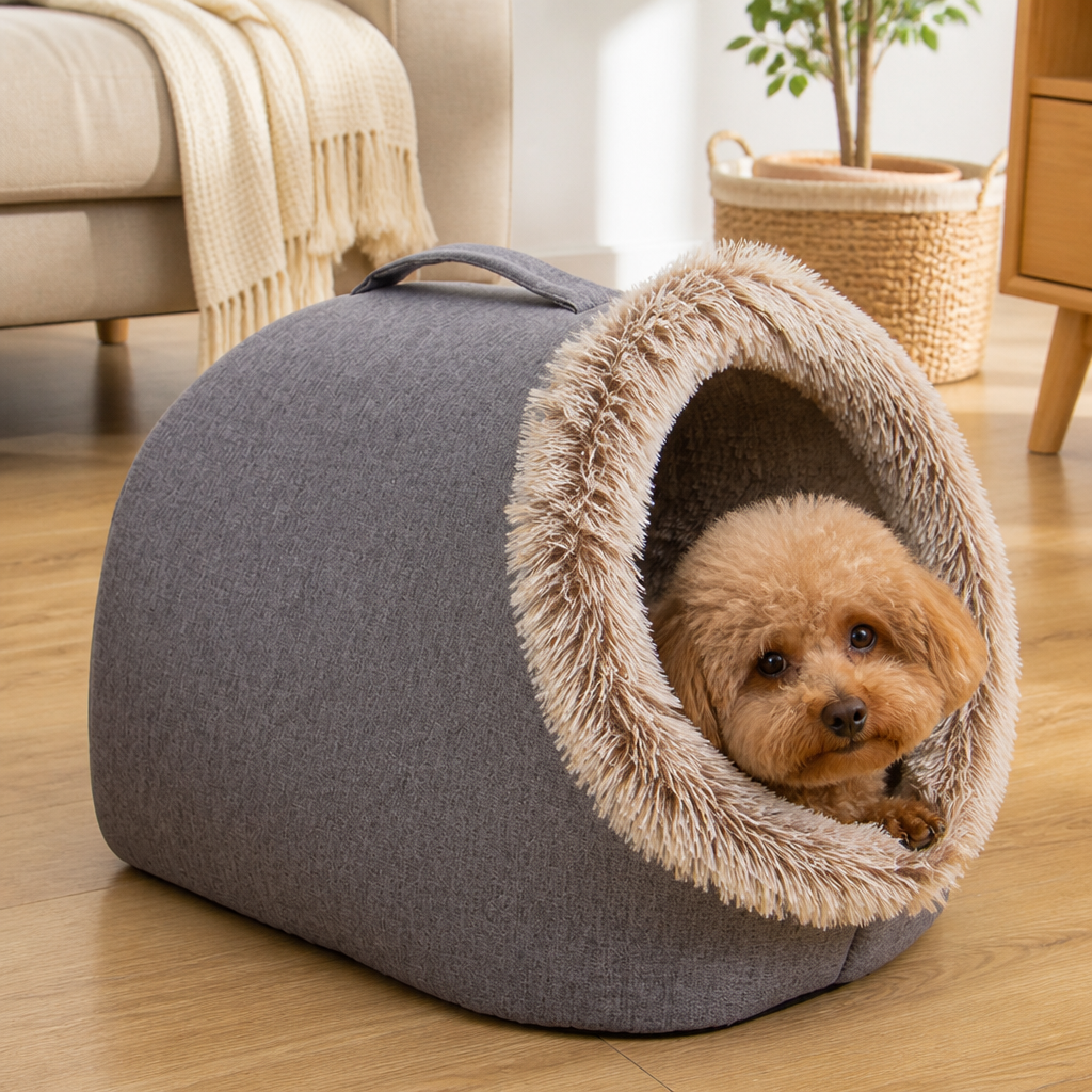 DogBedHouse Self-Warming Coral Velvet Pet Cave Bed