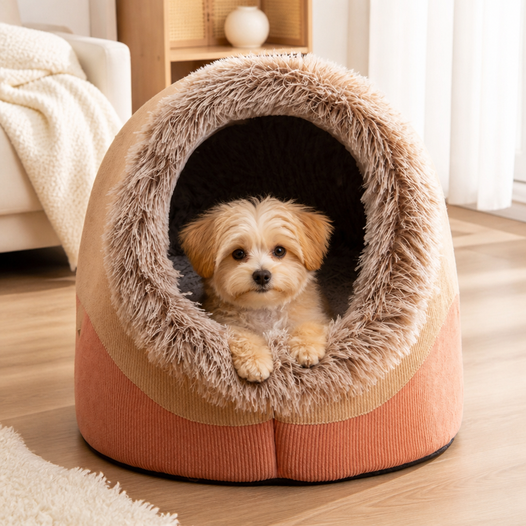 DogBedHouse Self-Warming Coral Velvet Pet Cave Bed