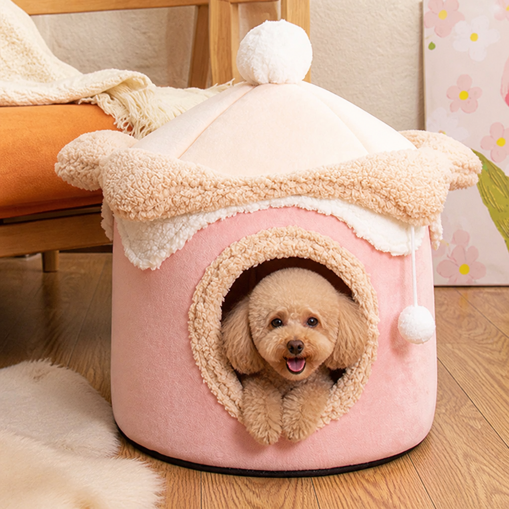 DogBedHouse Self-Warming Coral Velvet Pet Tent Bed