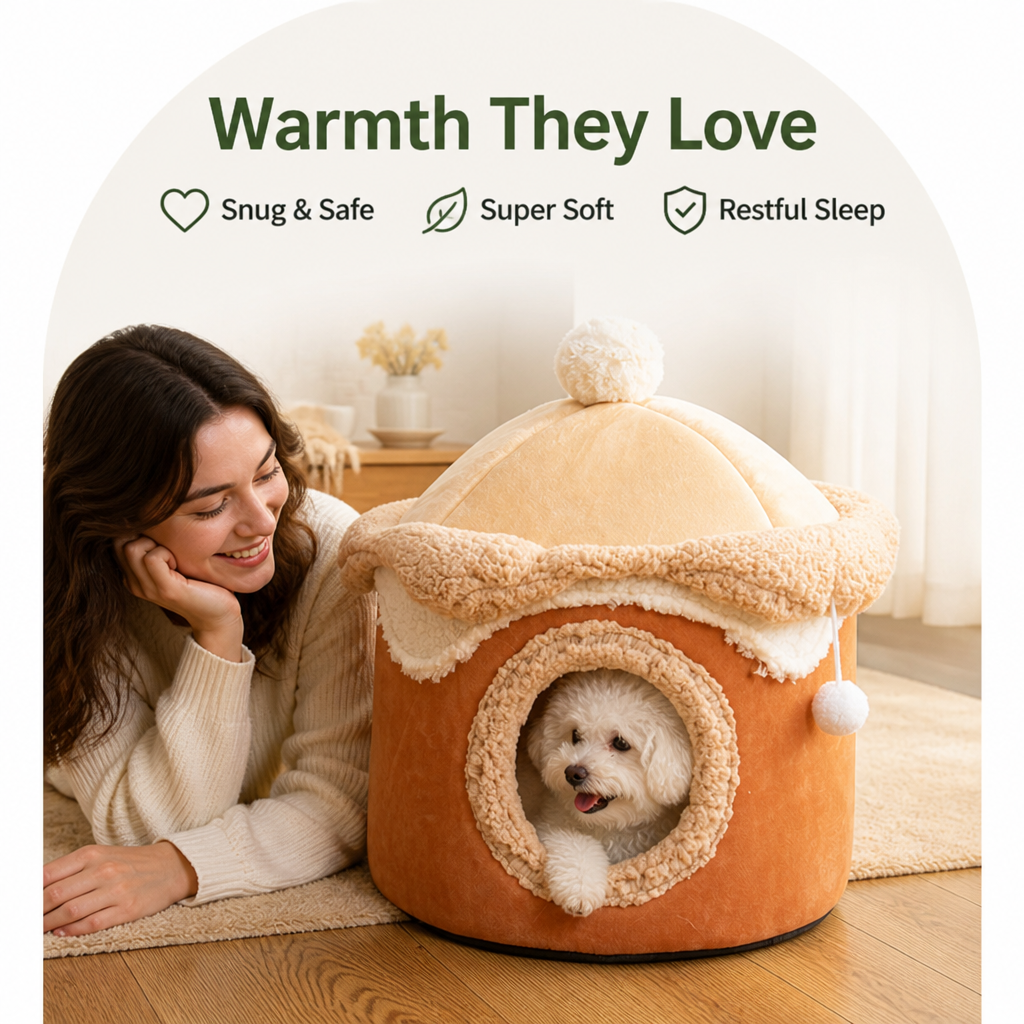 DogBedHouse Self-Warming Coral Velvet Pet Tent Bed
