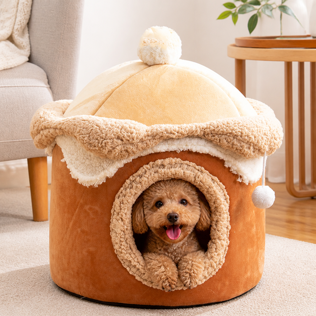 DogBedHouse Self-Warming Coral Velvet Pet Tent Bed
