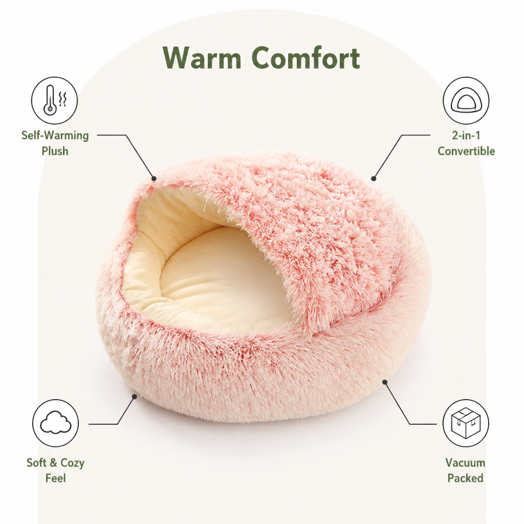 DogBedHouse Self-Warming Plush & Convertible Round Nest Bed (40cm)