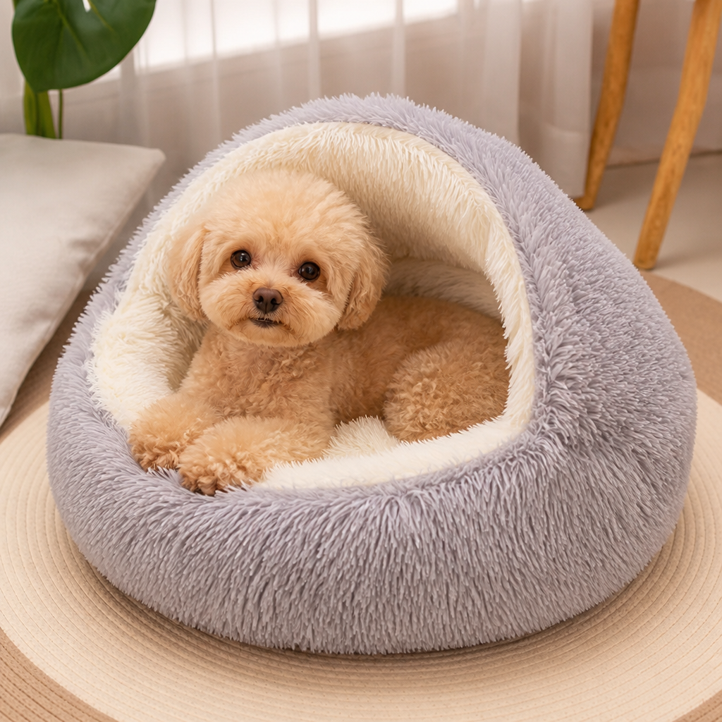 DogBedHouse Semi-Enclosed Plush Pet Bed (Removable Washable Pad)