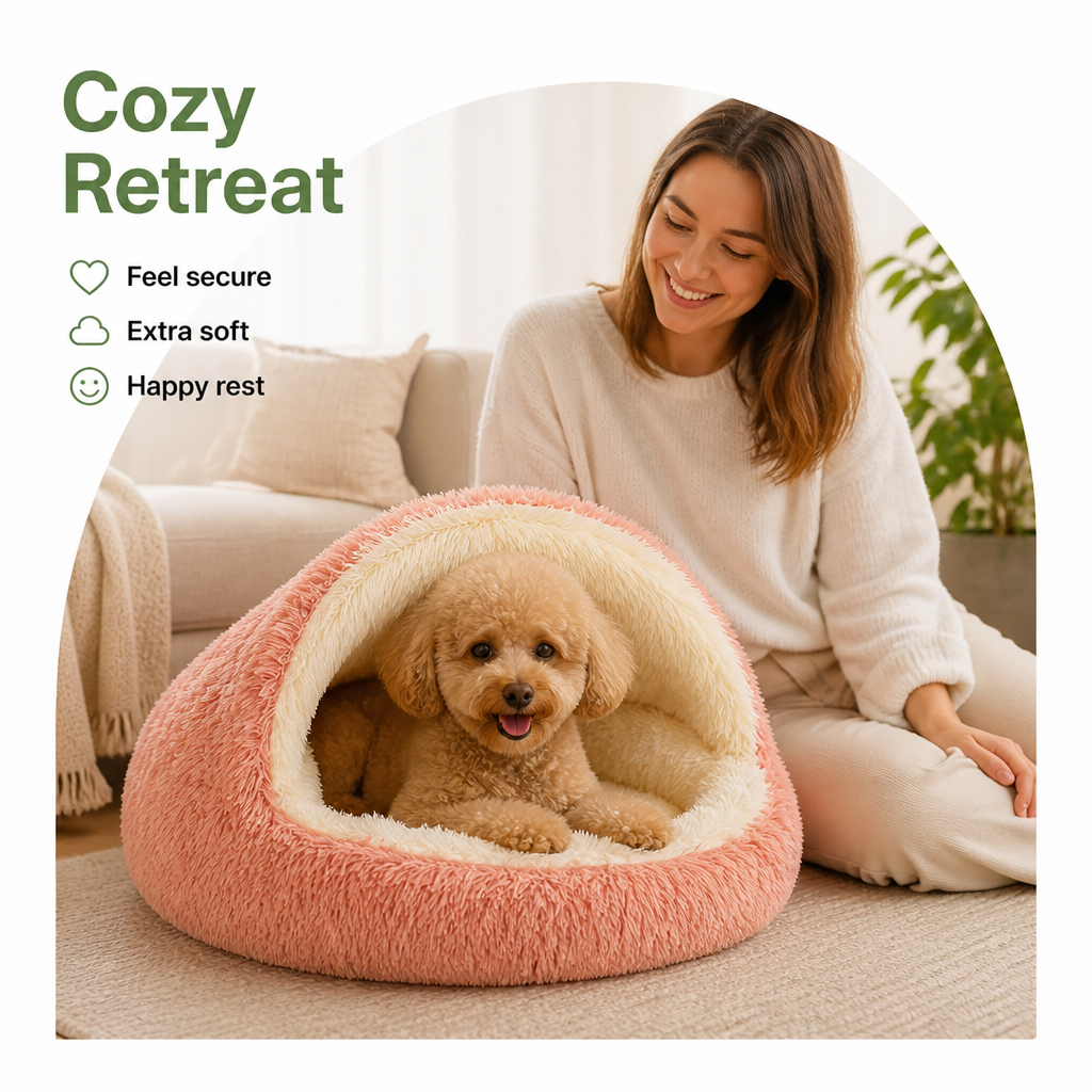 DogBedHouse Semi-Enclosed Plush Pet Bed (Removable Washable Pad)