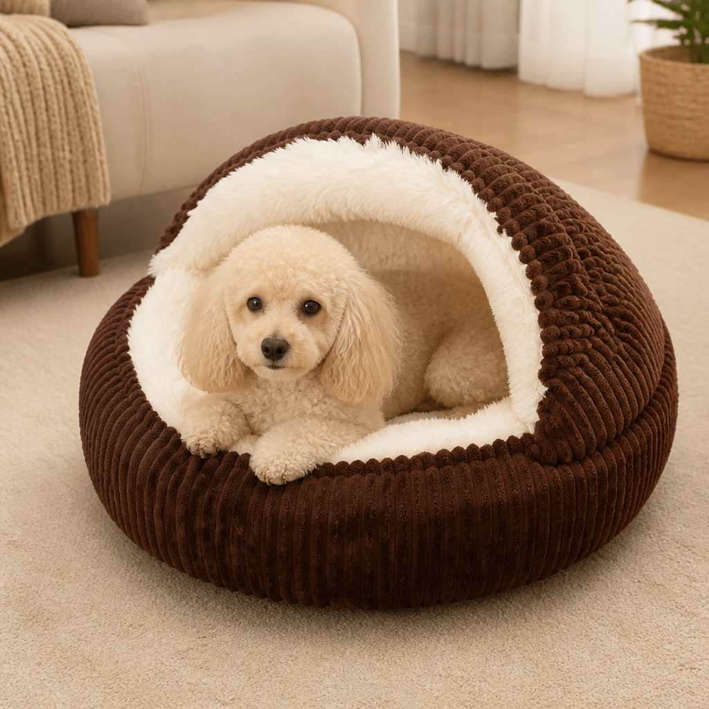 DogBedHouse Semi-Enclosed Plush Pet Bed (Removable Washable Pad)