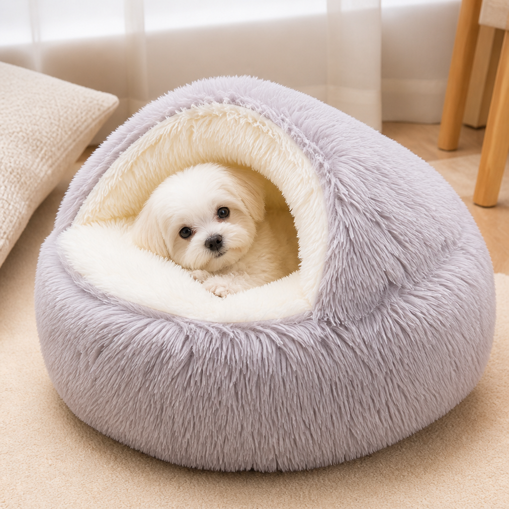 DogBedHouse Semi-Enclosed Plush Pet Bed (Removable Washable Pad)