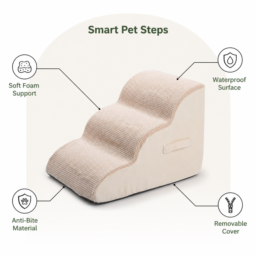 DogBedHouse Senior-Friendly Soft Foam 3-Step Pet Stairs