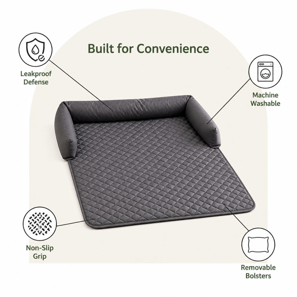 DogBedHouse Slip-Resistant & Waterproof Bolster Bed (Removable Bolsters & Washable Cover)
