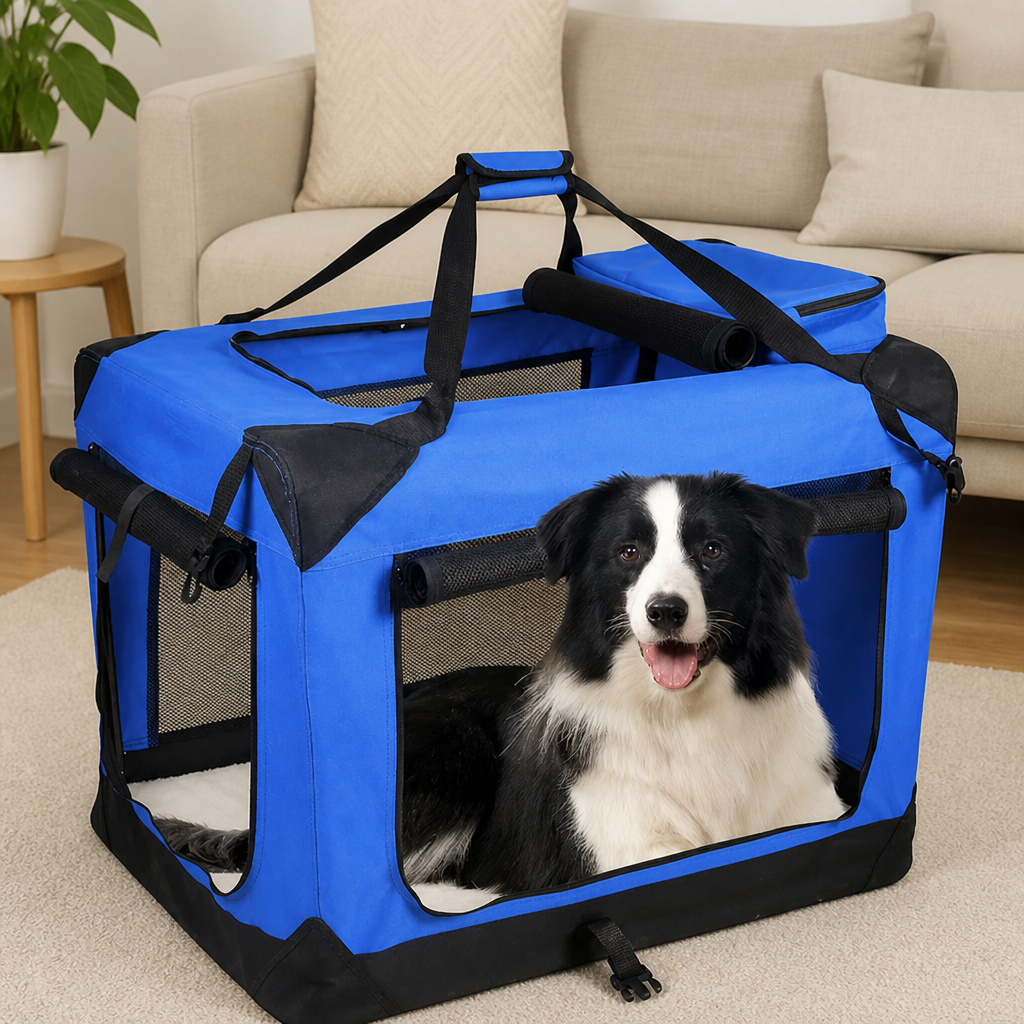DogBedHouse Soft-Sided 3-Door Foldable Travel Carrier (Includes Mat & Straps)