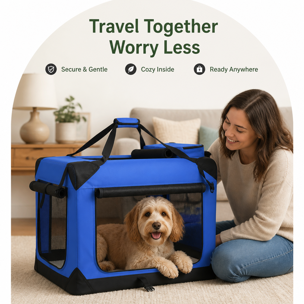 DogBedHouse Soft-Sided 3-Door Foldable Travel Carrier (Includes Mat & Straps)