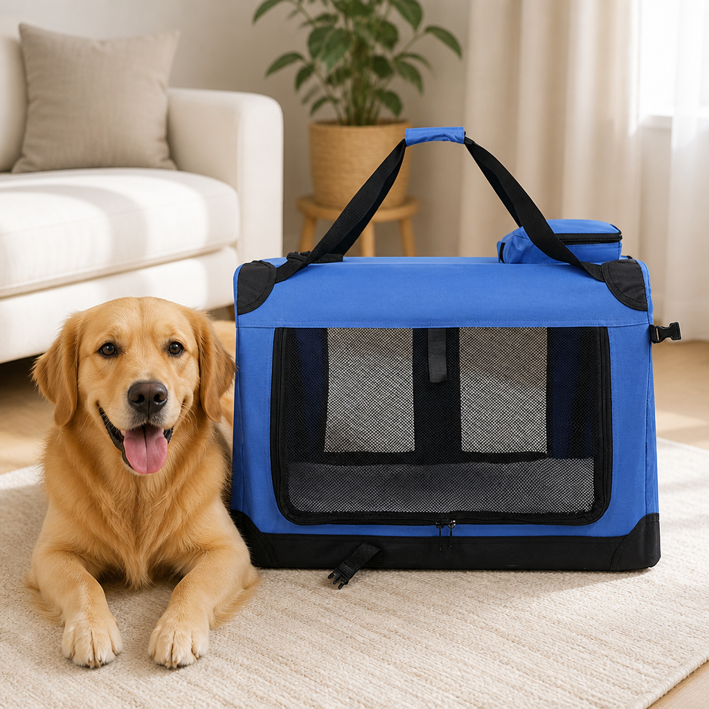 DogBedHouse Soft-Sided 3-Door Foldable Travel Carrier (Includes Mat & Straps)