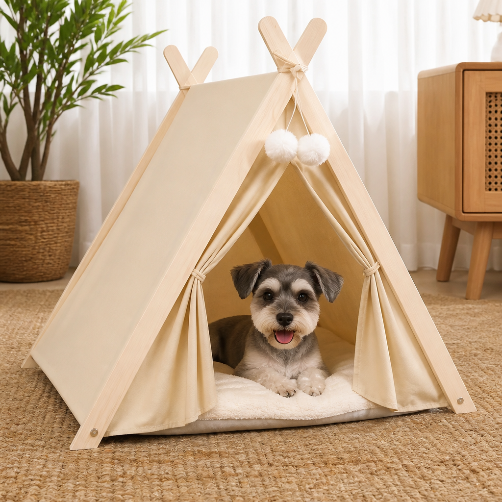 DogBedHouse Solid Pine Frame & Velvet Cushion Pet Tent (Foldable)