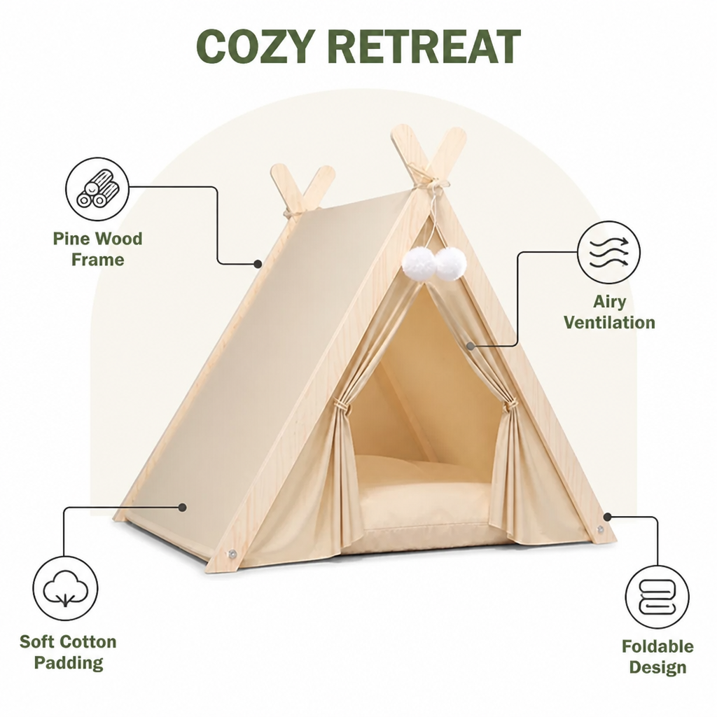 DogBedHouse Solid Pine Frame & Velvet Cushion Pet Tent (Foldable)