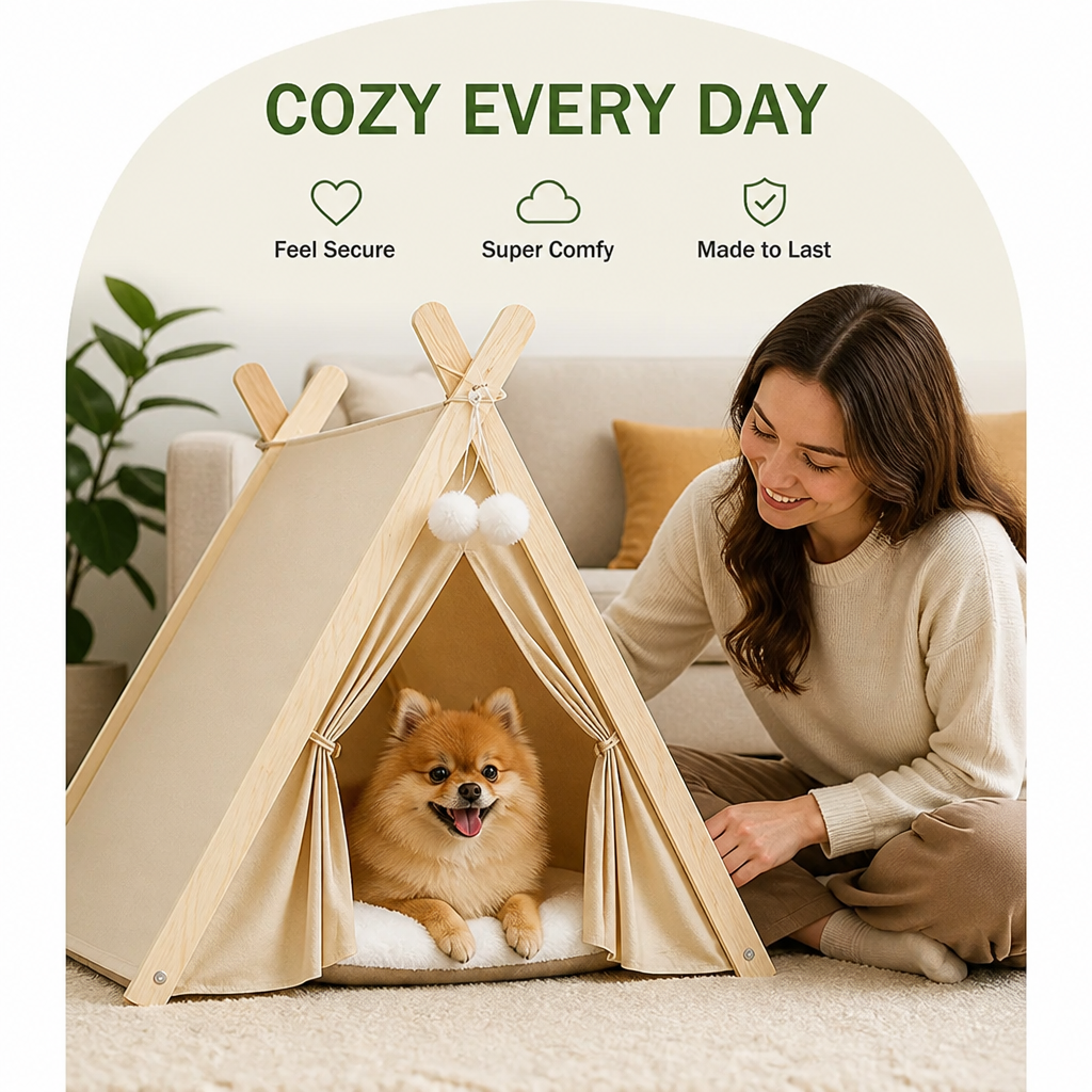 DogBedHouse Solid Pine Frame & Velvet Cushion Pet Tent (Foldable)