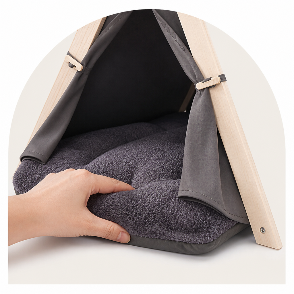 DogBedHouse Solid Pine Frame & Velvet Cushion Pet Tent (Foldable)