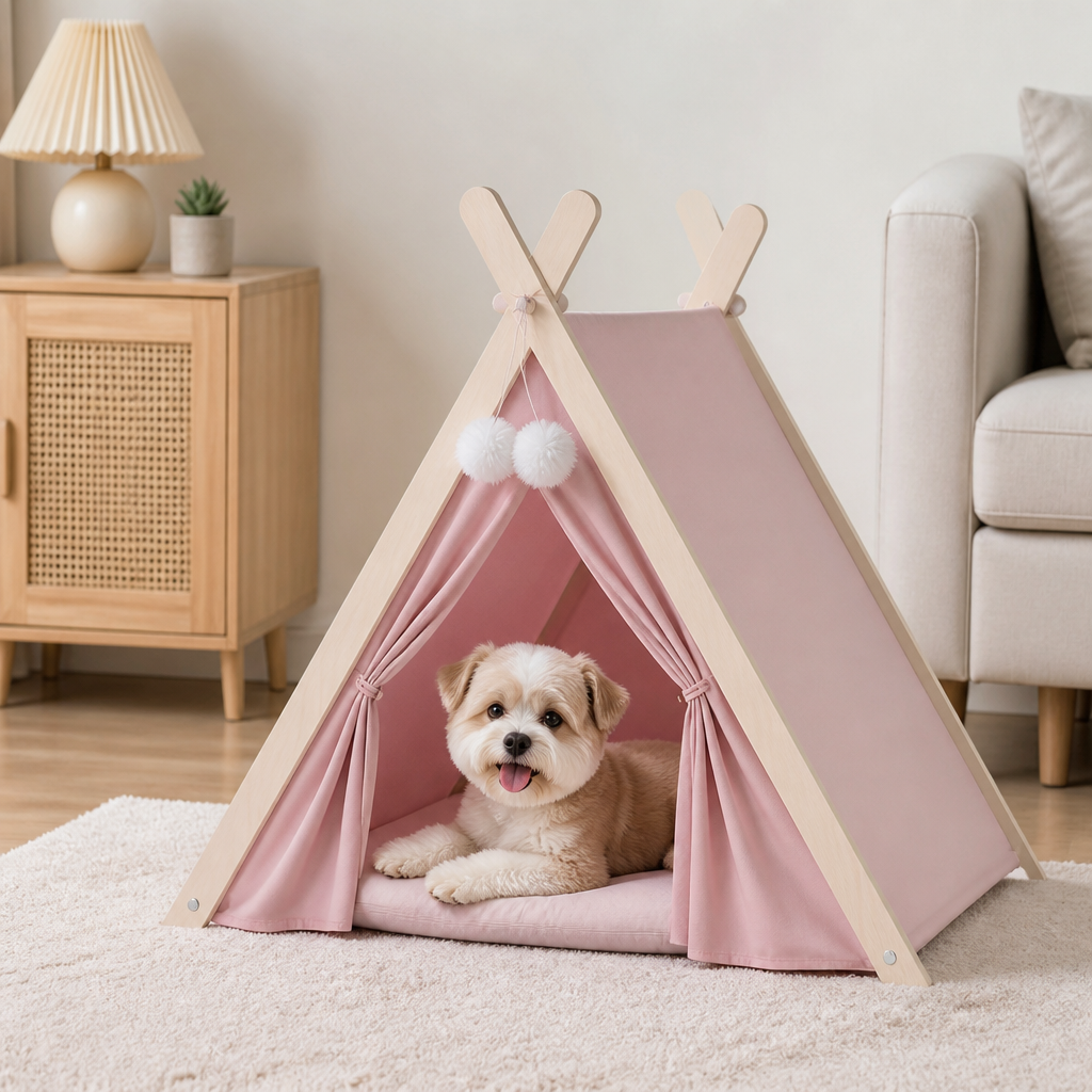 DogBedHouse Solid Pine Frame & Velvet Cushion Pet Tent (Foldable)