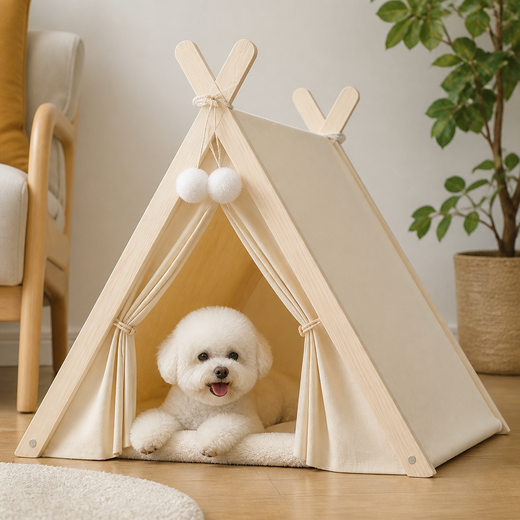 DogBedHouse Solid Pine Frame & Velvet Cushion Pet Tent (Foldable)