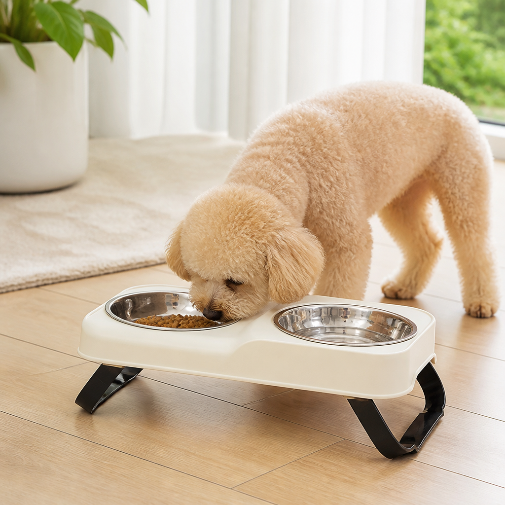 DogBedHouse Stainless Steel Bowls & Non-Slip Double-Bowl Pet Feeder (Foldable Stand)