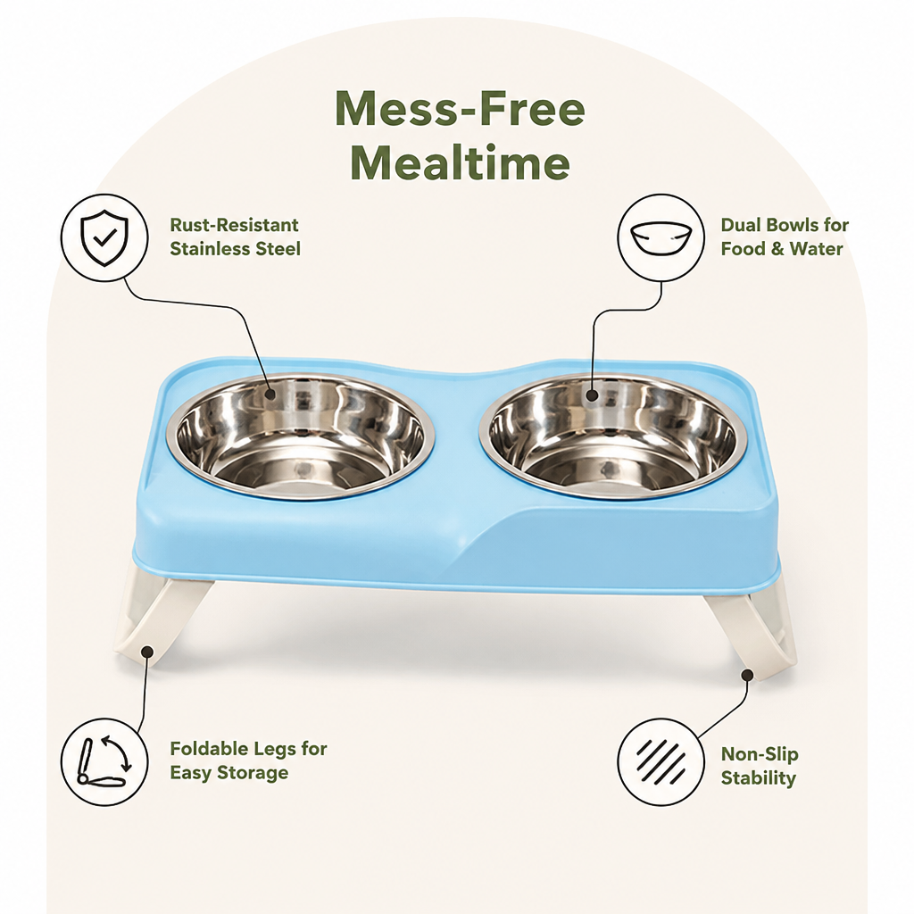 DogBedHouse Stainless Steel Bowls & Non-Slip Double-Bowl Pet Feeder (Foldable Stand)