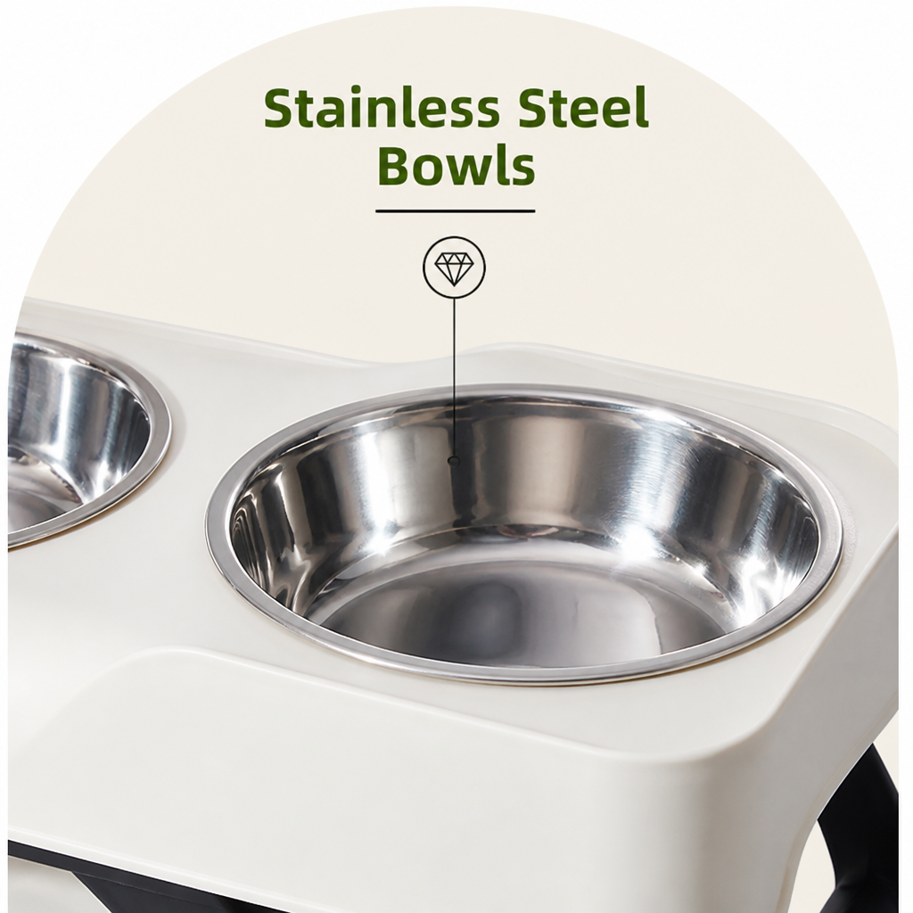 DogBedHouse Stainless Steel Bowls & Non-Slip Double-Bowl Pet Feeder (Foldable Stand)