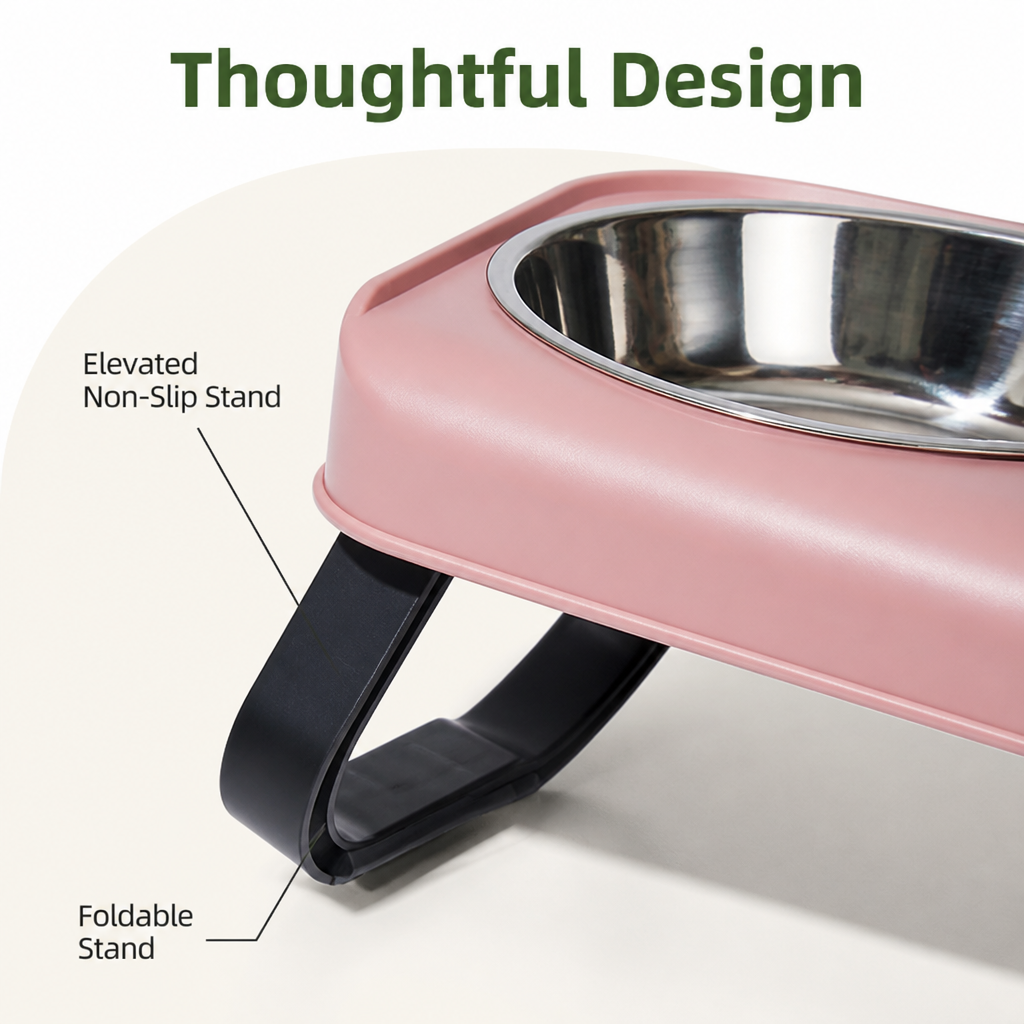 DogBedHouse Stainless Steel Bowls & Non-Slip Double-Bowl Pet Feeder (Foldable Stand)