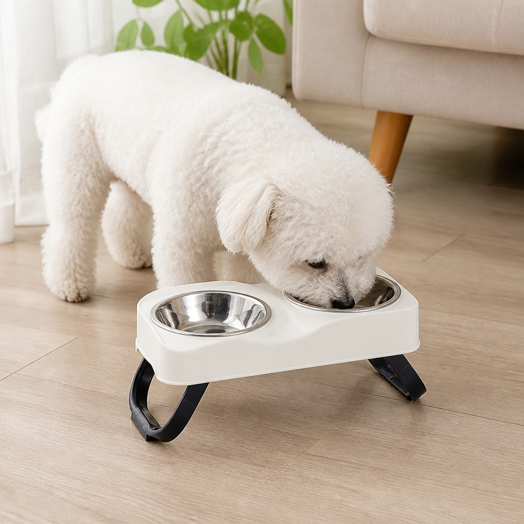 DogBedHouse Stainless Steel Bowls & Non-Slip Double-Bowl Pet Feeder (Foldable Stand)
