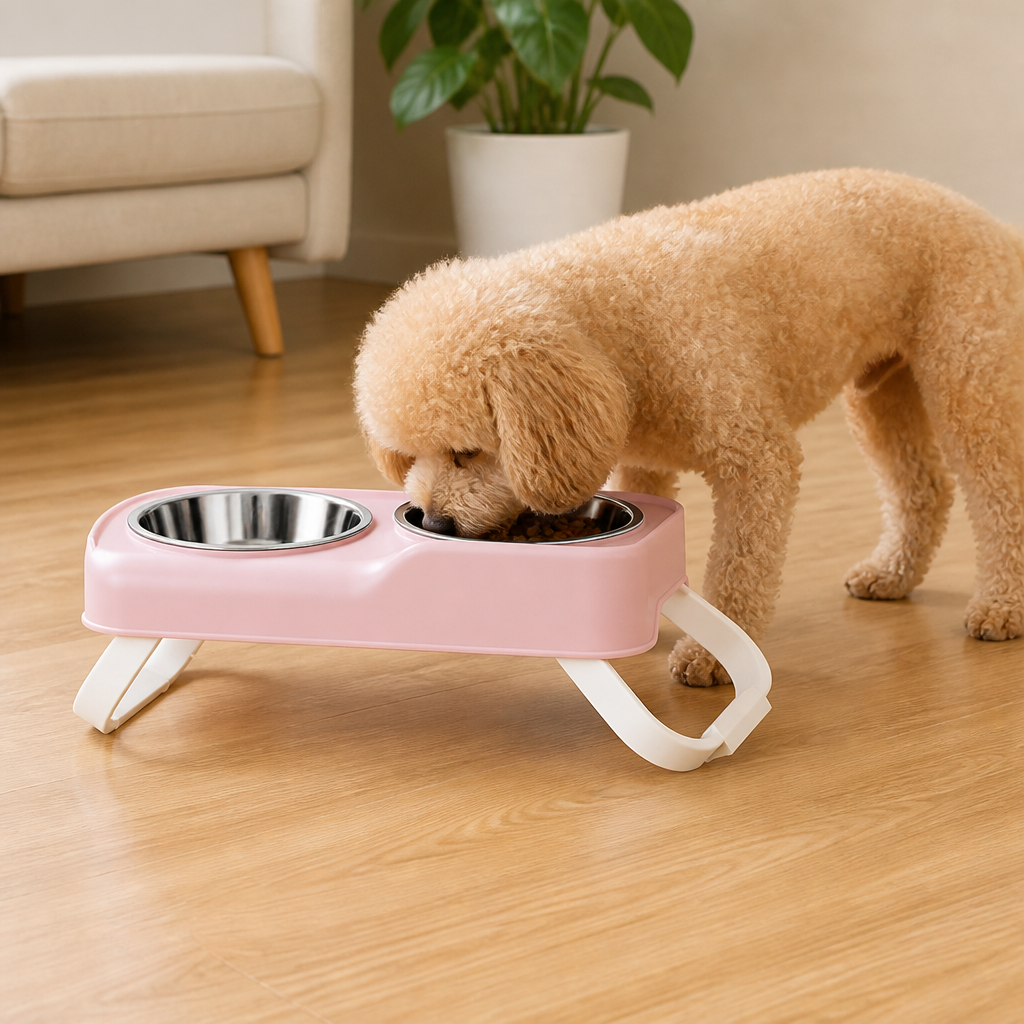 DogBedHouse Stainless Steel Bowls & Non-Slip Double-Bowl Pet Feeder (Foldable Stand)