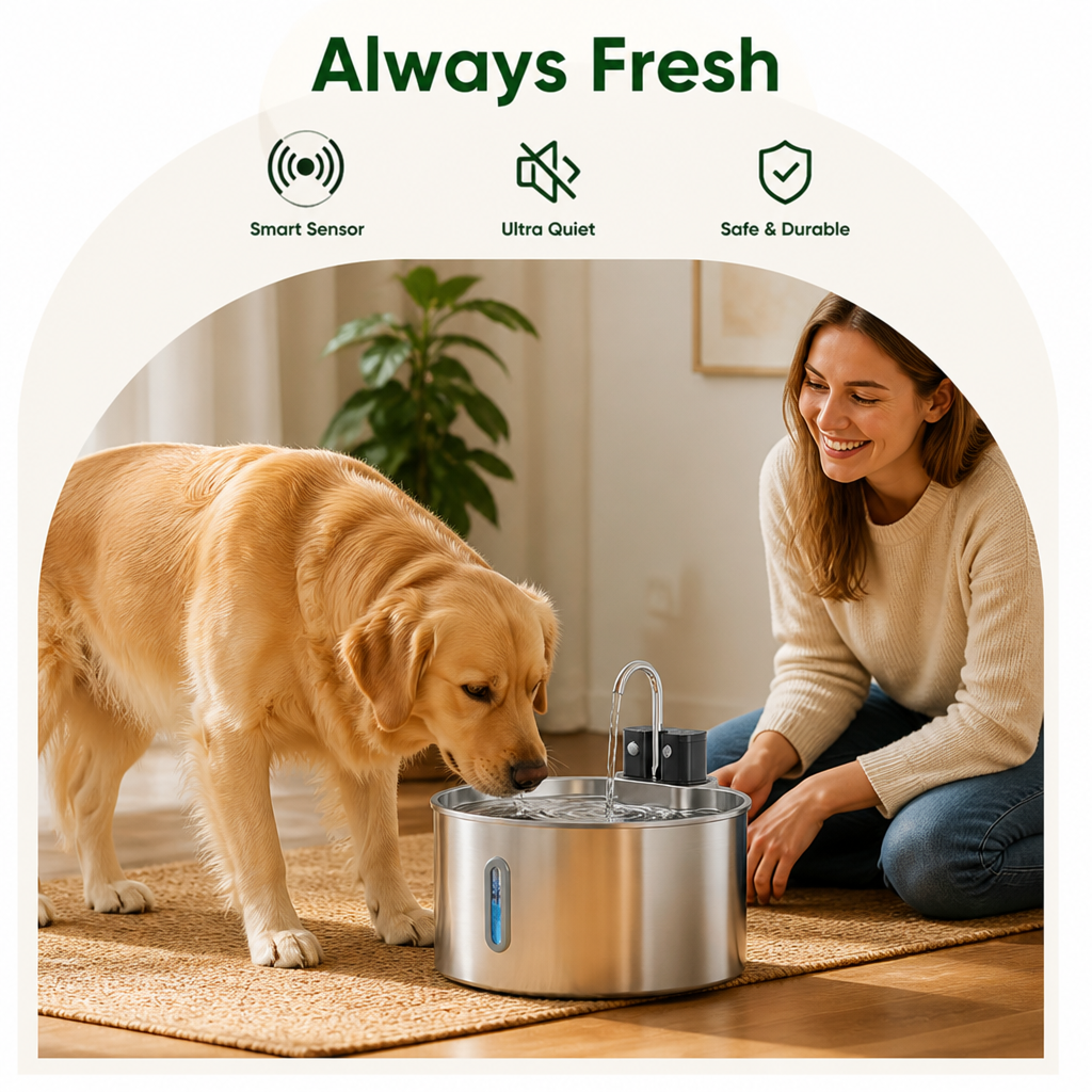 DogBedHouse Stainless Steel Sensor-Activated & Wireless Rechargeable Pet Fountain