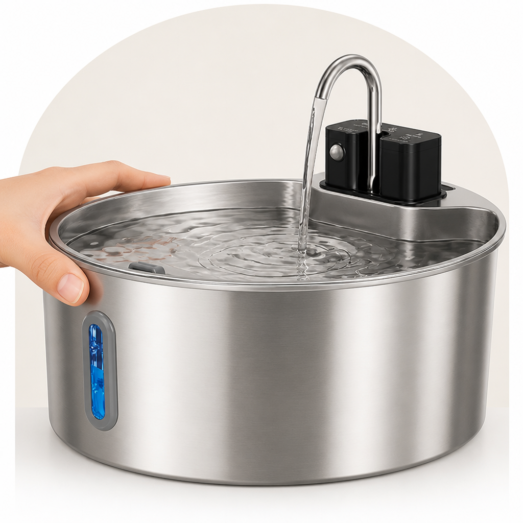 DogBedHouse Stainless Steel Sensor-Activated & Wireless Rechargeable Pet Fountain