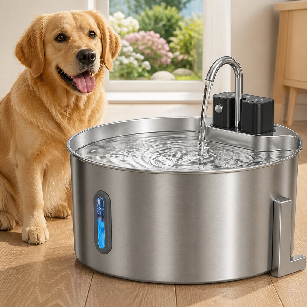 DogBedHouse Stainless Steel Sensor-Activated & Wireless Rechargeable Pet Fountain