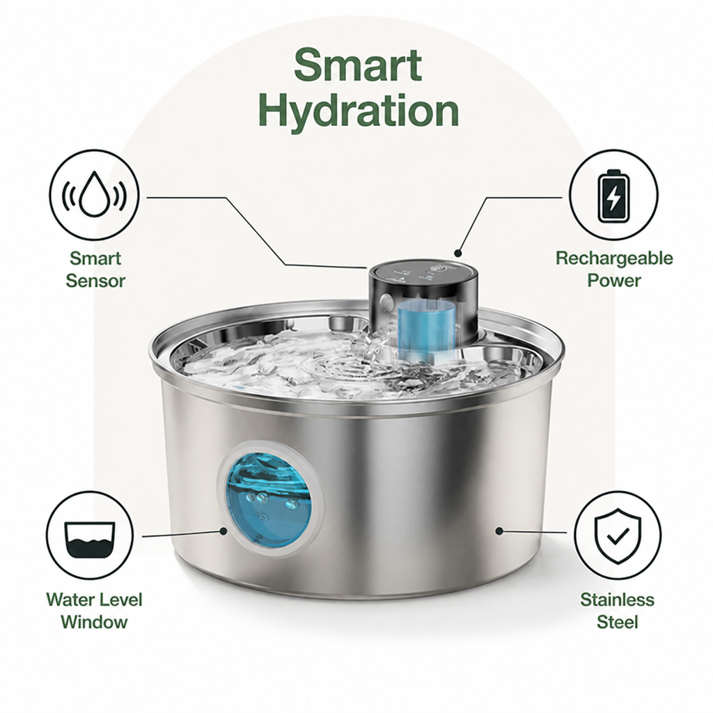 DogBedHouse Stainless Steel USB Rechargeable Sensor Pet Fountain