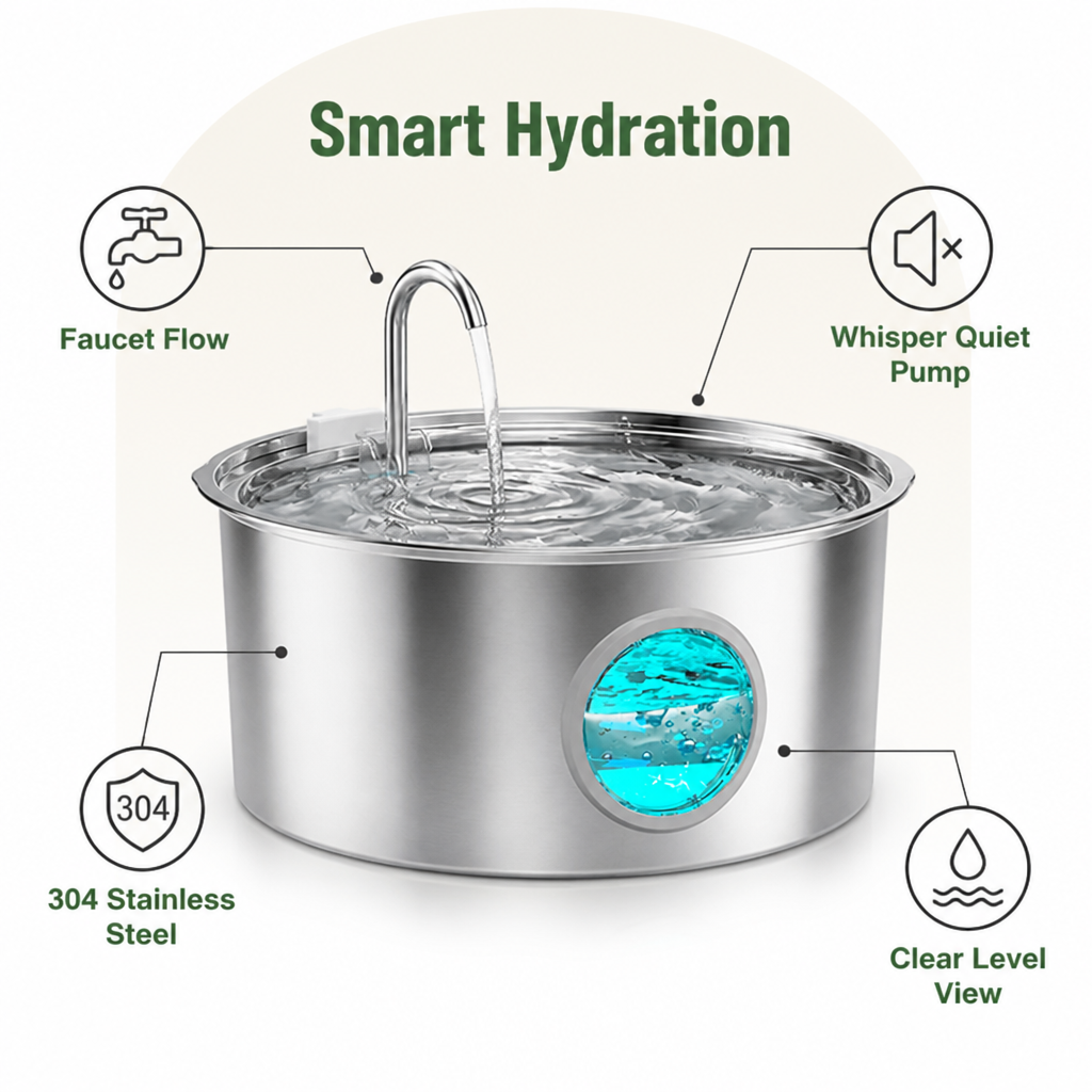 DogBedHouse Stainless Steel & Ultra-Quiet Large-Capacity Dog Water Fountain
