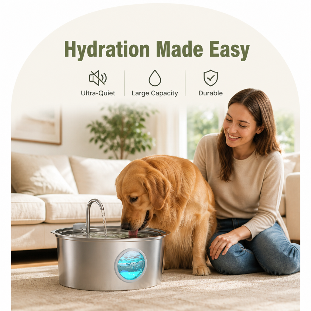 DogBedHouse Stainless Steel & Ultra-Quiet Large-Capacity Dog Water Fountain