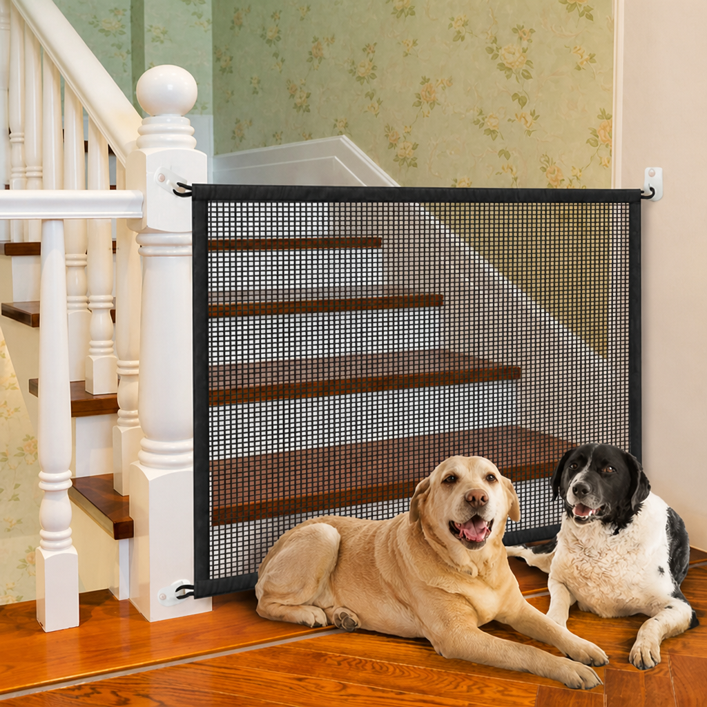 DogBedHouse Tear-Resistant Nylon Mesh Dog Gate (Adhesive Hooks)