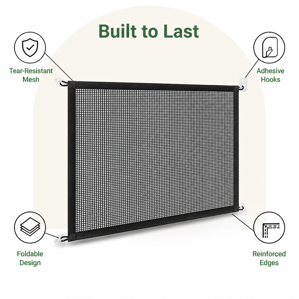 DogBedHouse Tear-Resistant Nylon Mesh Dog Gate (Adhesive Hooks)