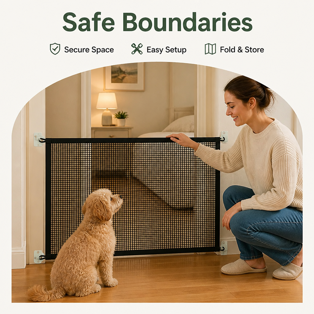 DogBedHouse Tear-Resistant Nylon Mesh Dog Gate (Adhesive Hooks)