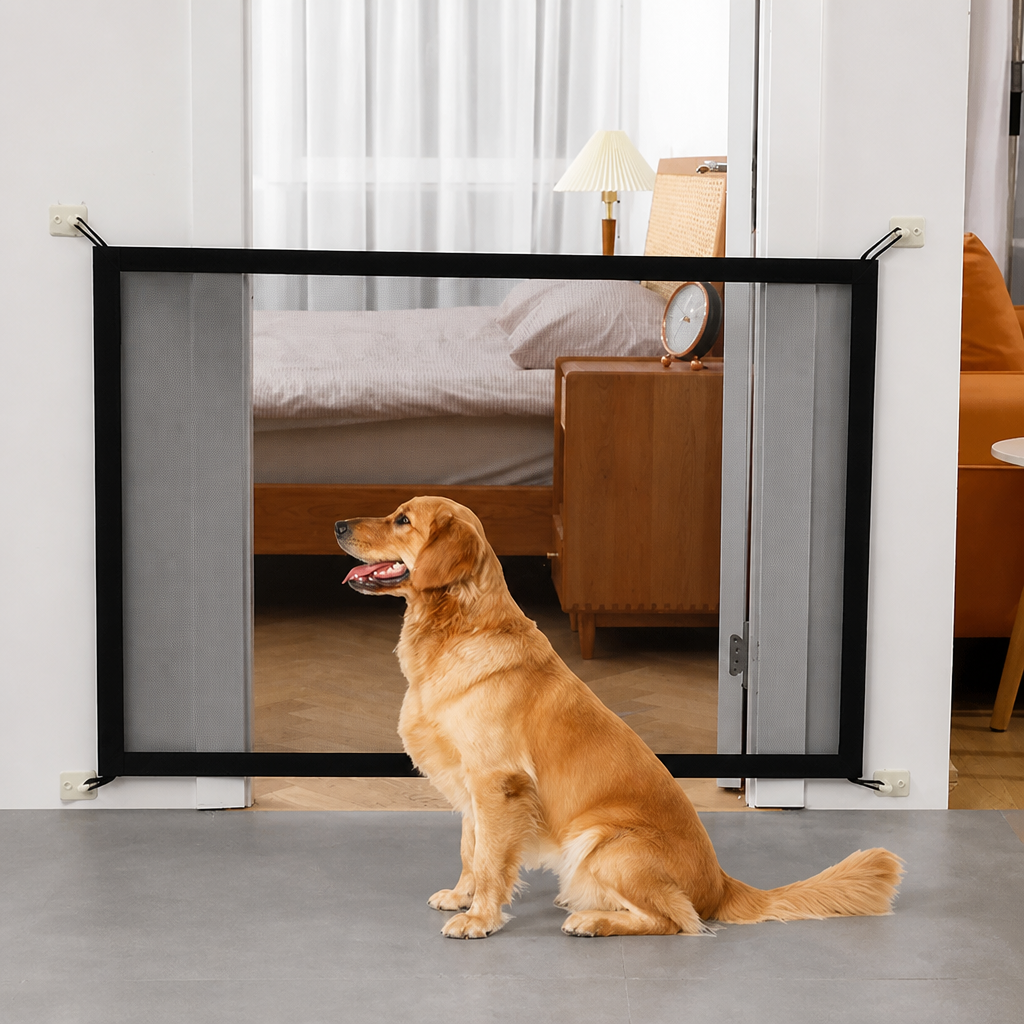 DogBedHouse Tear-Resistant Nylon Mesh Dog Gate (Adhesive Hooks)