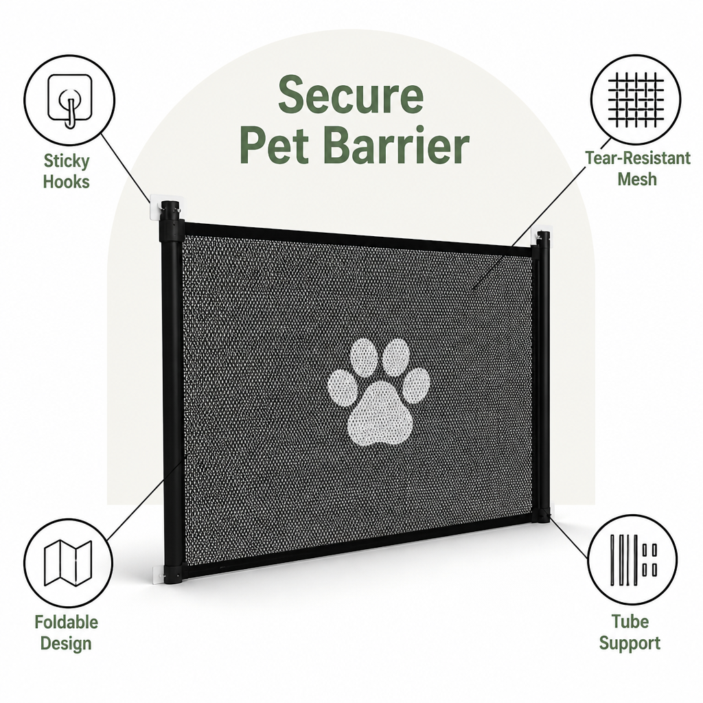 DogBedHouse Tear-Resistant Nylon Mesh & No-Drill Dog Gate For Stairs