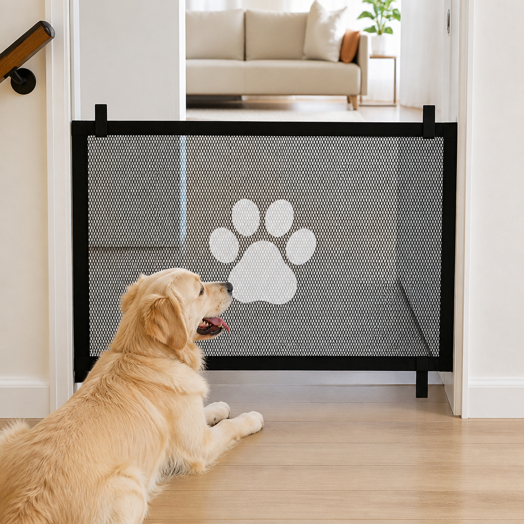 DogBedHouse Tear-Resistant Nylon Mesh & No-Drill Dog Gate For Stairs