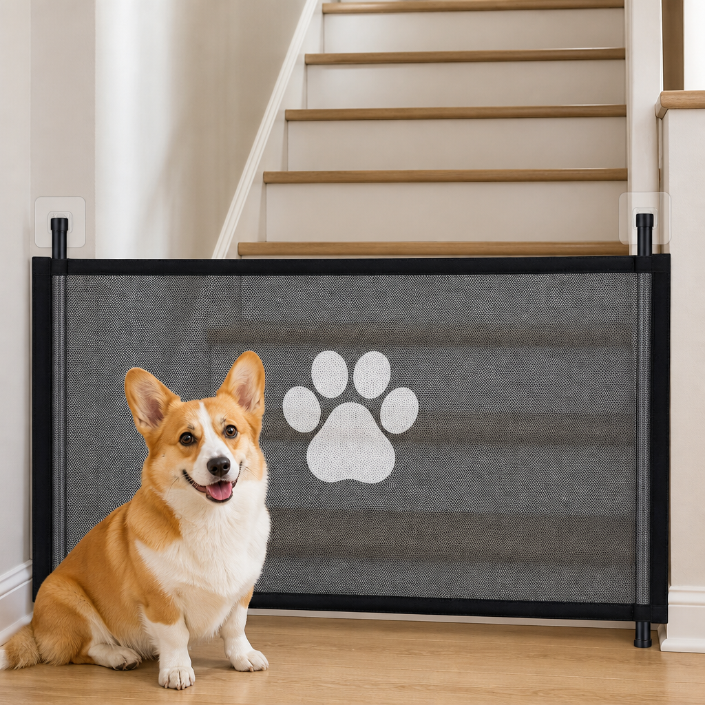 DogBedHouse Tear-Resistant Nylon Mesh & No-Drill Dog Gate For Stairs