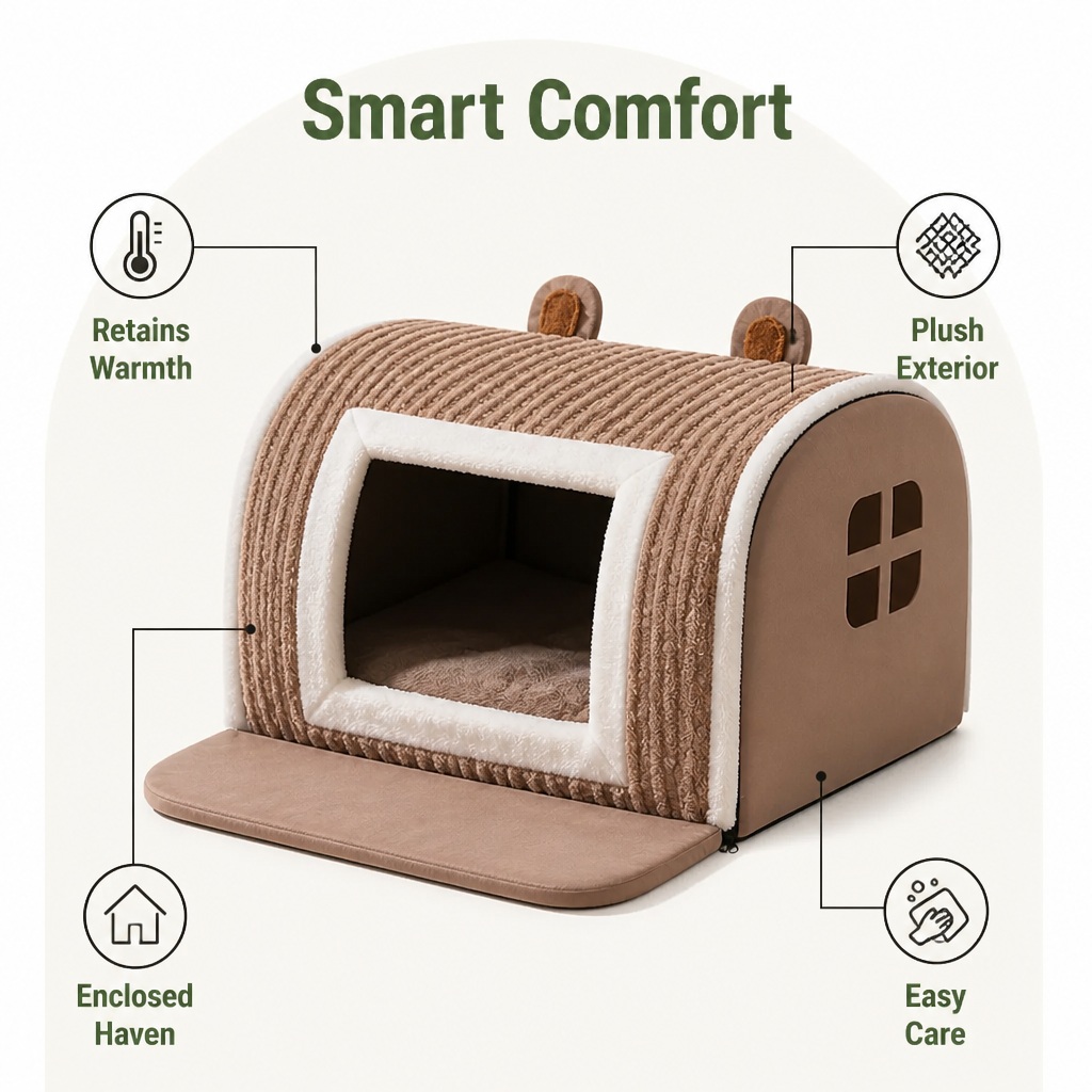 DogBedHouse Thermal Plush Cotton Enclosed Dog Bed