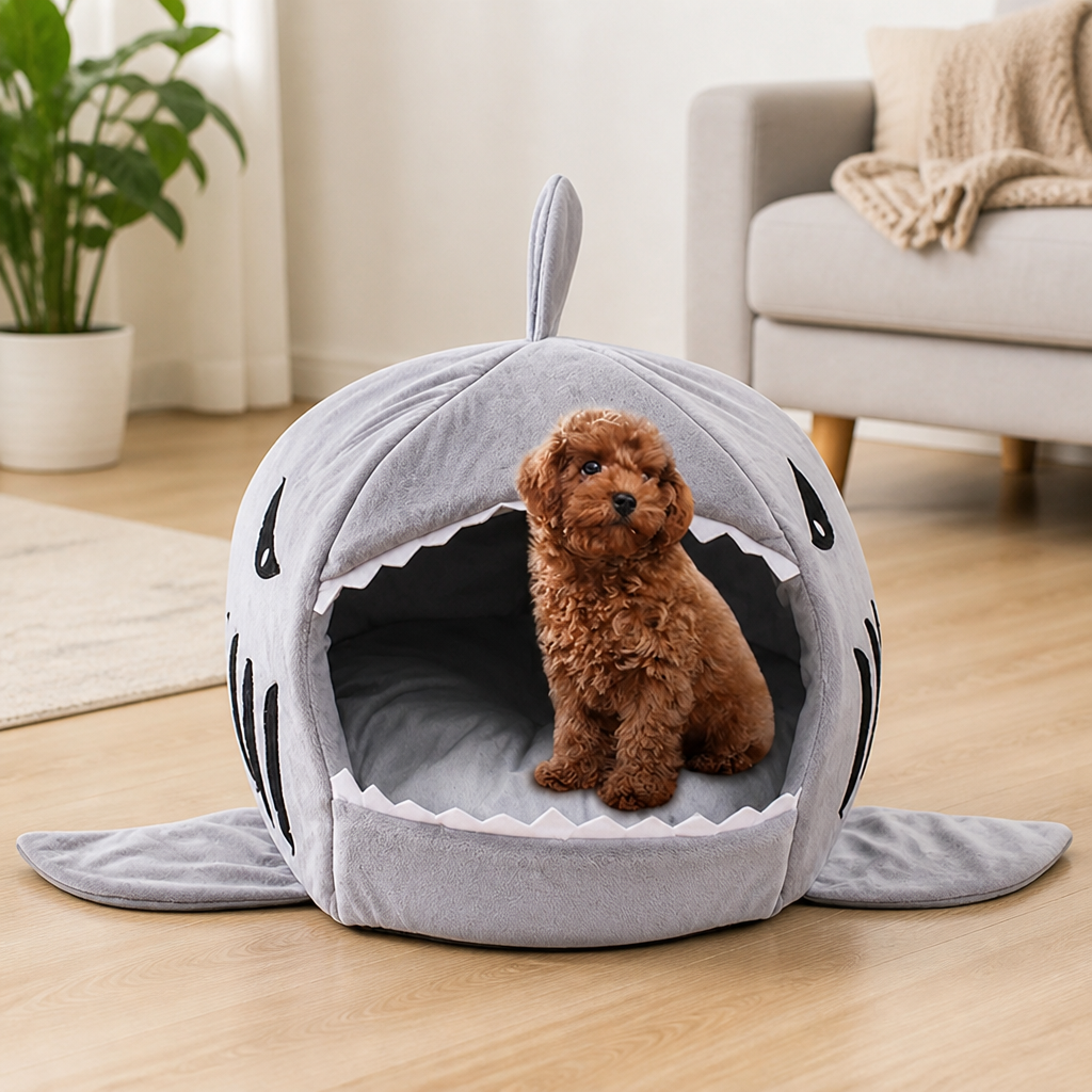 DogBedHouse Thermally Insulated Shark Plush Cave Bed (Detachable Washable Cushion)