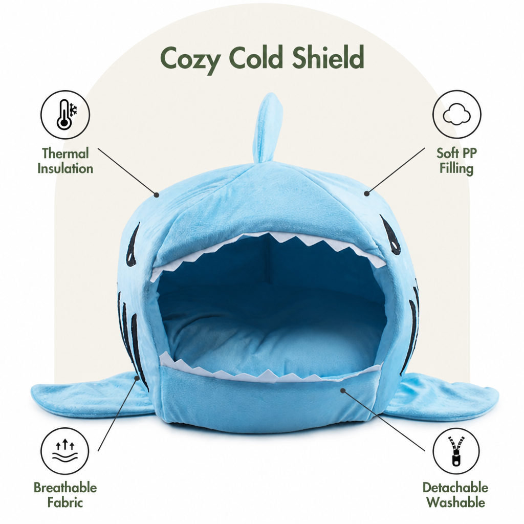 DogBedHouse Thermally Insulated Shark Plush Cave Bed (Detachable Washable Cushion)