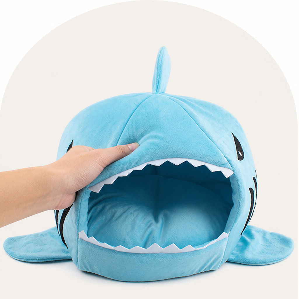 DogBedHouse Thermally Insulated Shark Plush Cave Bed (Detachable Washable Cushion)