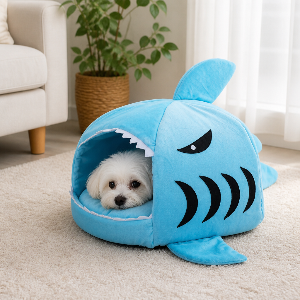 DogBedHouse Thermally Insulated Shark Plush Cave Bed (Detachable Washable Cushion)