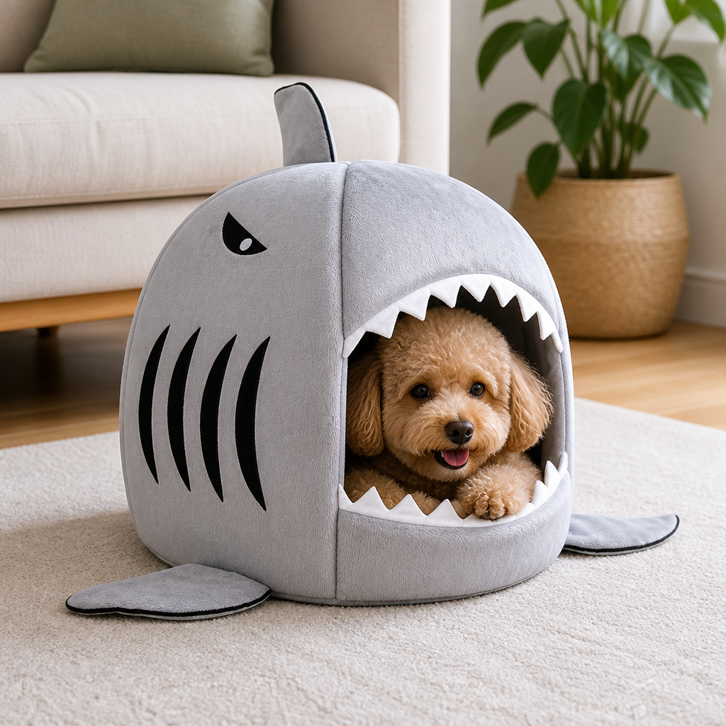 DogBedHouse Thermally Insulated Shark Plush Cave Bed (Detachable Washable Cushion)