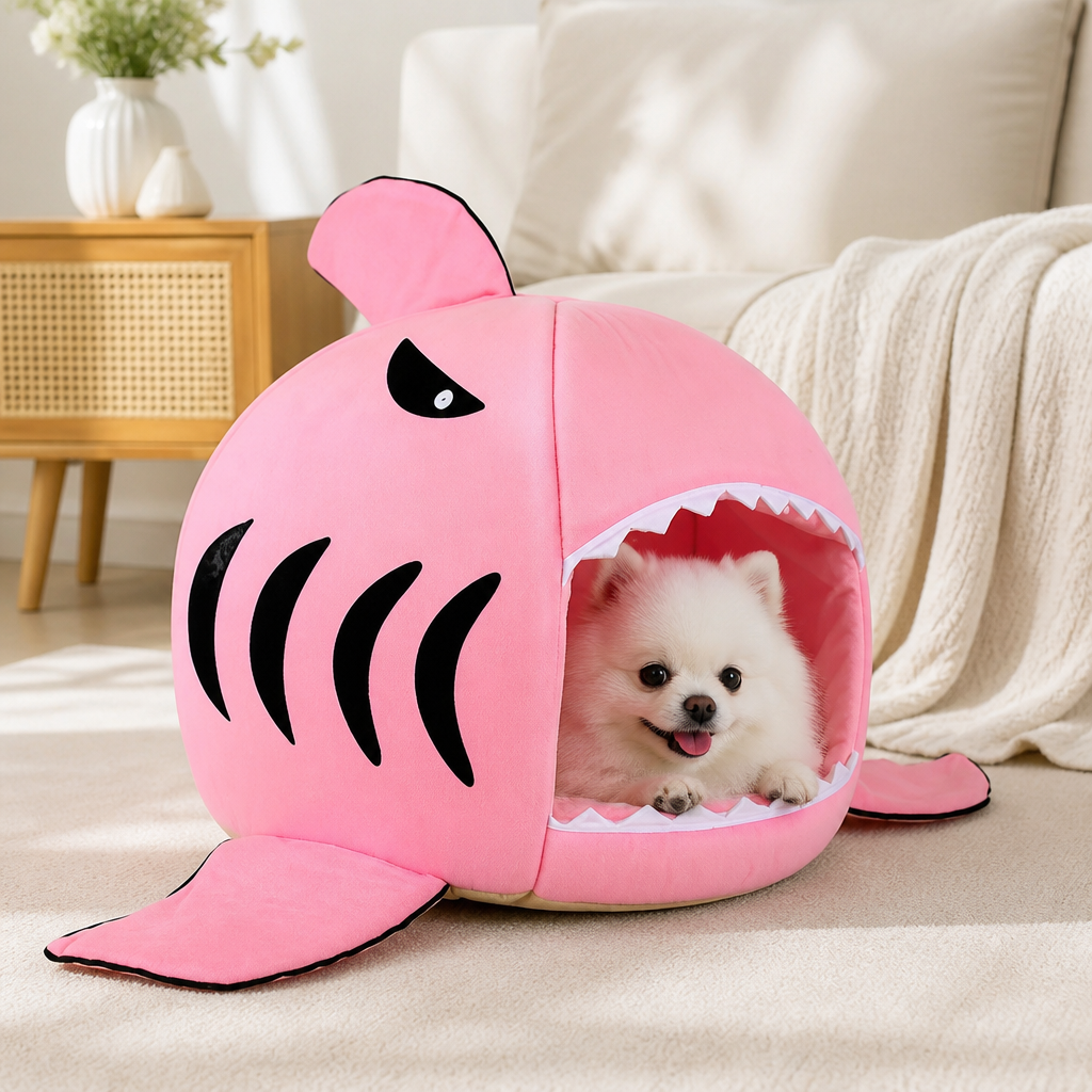 DogBedHouse Thermally Insulated Shark Plush Cave Bed (Detachable Washable Cushion)