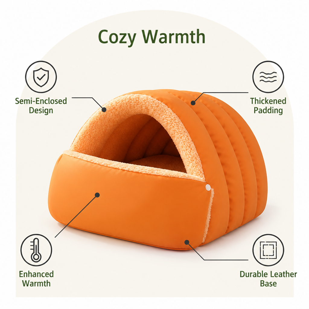 DogBedHouse Thickened Plush & Semi-Enclosed Pet Bed (Leather Base)