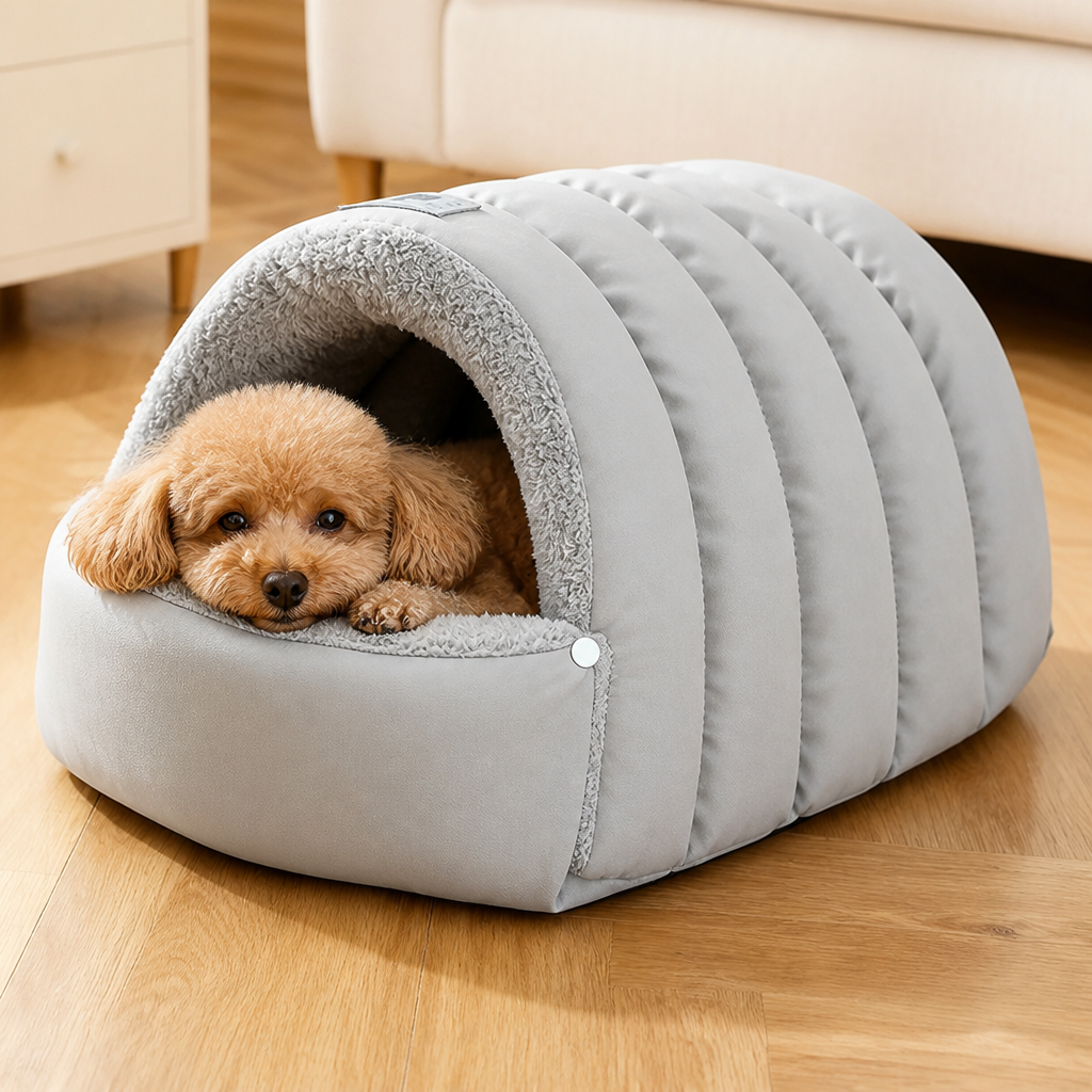 DogBedHouse Thickened Plush & Semi-Enclosed Pet Bed (Leather Base)