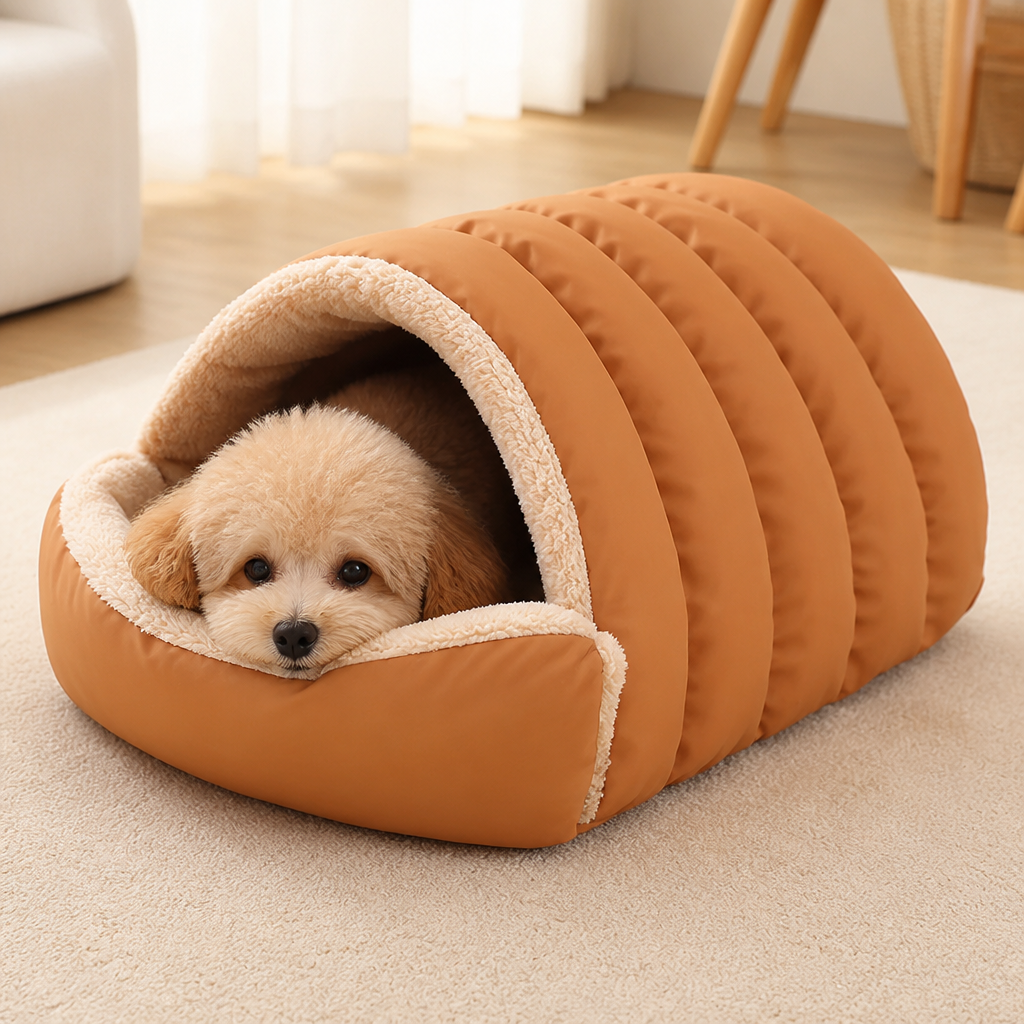 DogBedHouse Thickened Plush & Semi-Enclosed Pet Bed (Leather Base)